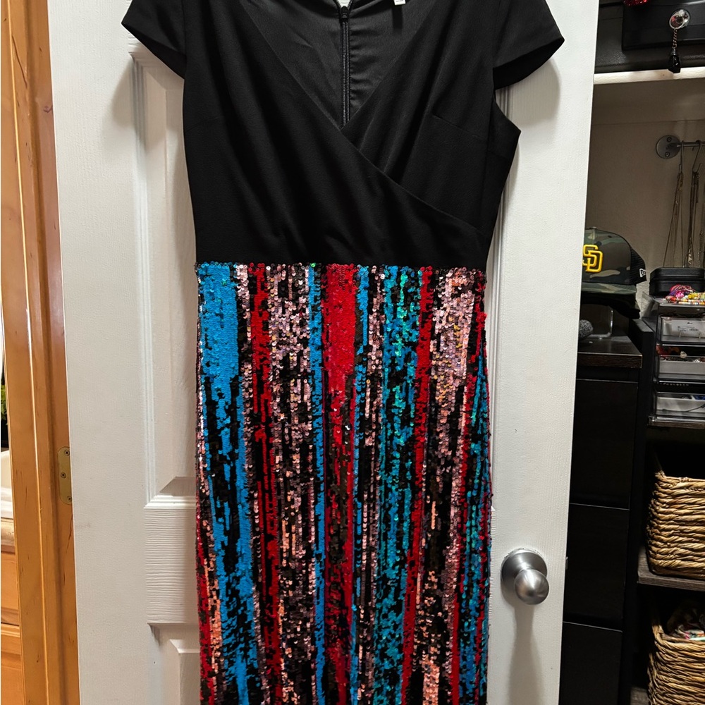 Dress the Population Black and Multicolor Sequin Midi Dress